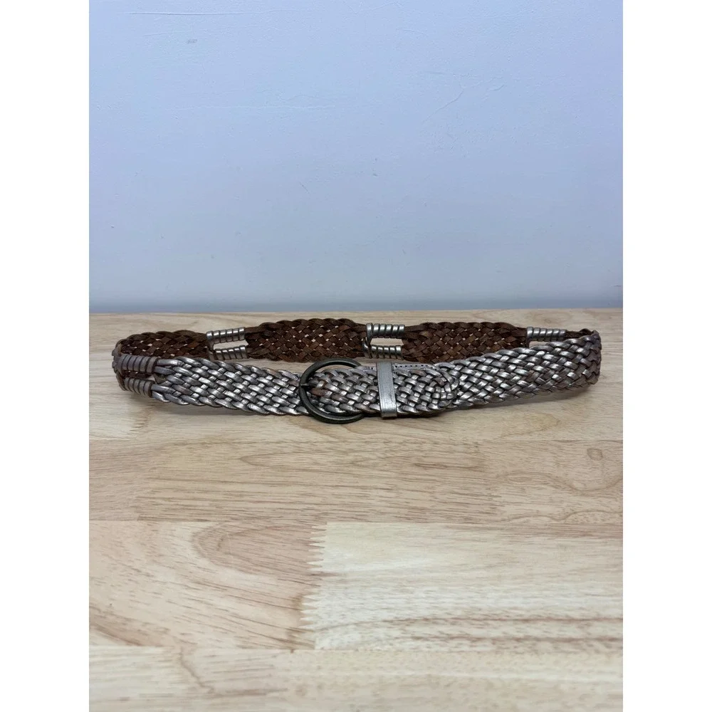 Gap Womens Metallic Silver Braided Leather Belt Brown Woven XS